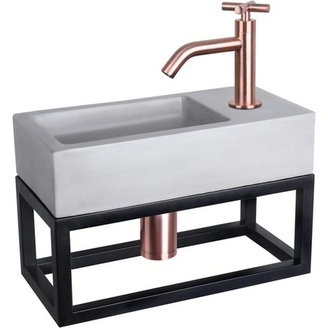 Differnz Ravo Set lave-mains 38.5x18.5x25cm 1 trou avec robinet courbé poignée croix et siphon + bonde cuivre rose Rectangulaire Béton Gris clair (1/5)