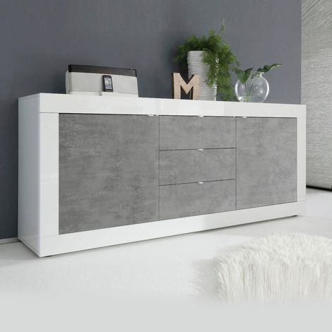 Madia linea Basic con 2 ante e 3 cassetti in finitura Bianco lucido e Beton (1/4)