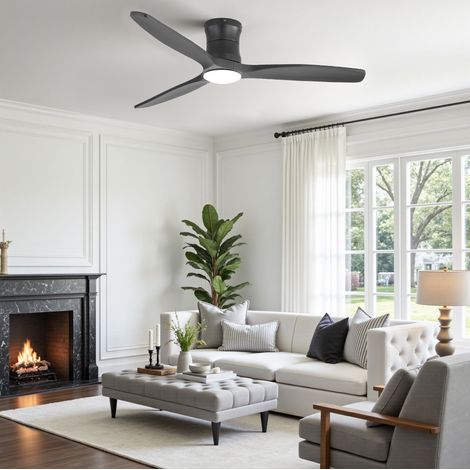 Deckenventilator 132 cm mattschwarz aus Metall und Holz mit LED-Licht, Fernbedienung, leisem DC-Motor und Timer (1/5)