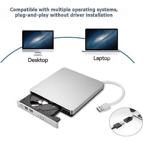 Graveur/lecteur/enregistreur CD/DVD/ROM externe avec adaptateur USB 3.0 et Type-C, compatible avec les ordinateurs portables et les PC. (1/4)