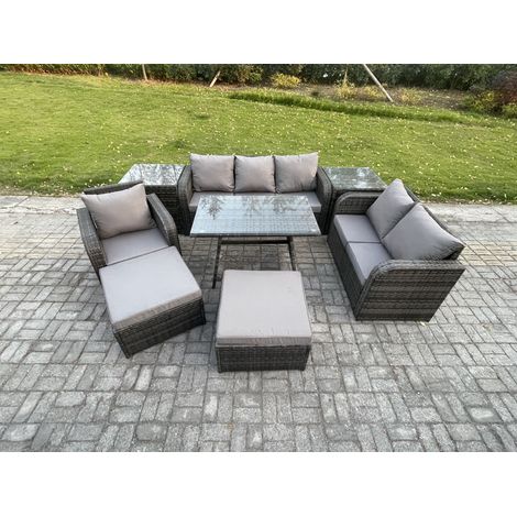 Fimous 8 PCS Garten Sofa im Freien Set Polyrattan Gartenmöbel Set mit Rechteckiger Esstisch Sessel 2 hohen Hockern 2 Beistelltischen Dunkelgrau Gemischt (1/5)