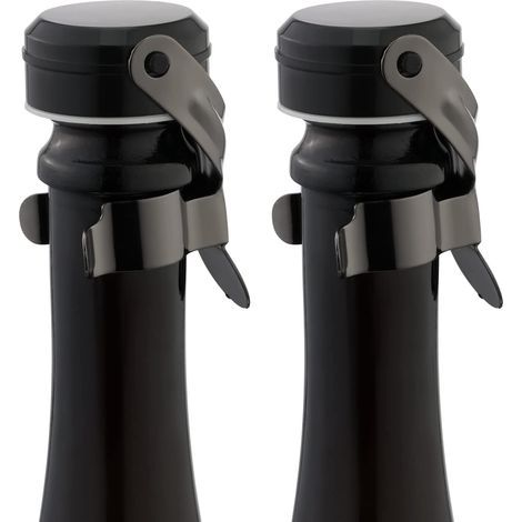 Champagne Stopper and Wine Bottle Stopper Stainless Steel Reusable Champagne Bottle Stopper with Silicone Leak Resistant Stay Fresh Pack of 2 (Black)
