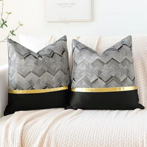 Housses de coussin en cuir doré, lot de 2, 45 x 45 cm, matelassage à vagues et rayures, pour canapé, lit, voiture, décoration moderne, minimaliste et luxueuse en noir