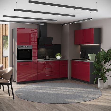 Cucina Fame-Line, Bordeaux lucido/Antracite, 220 x 120 cm senza piano di lavoro, Vicco (1/5)