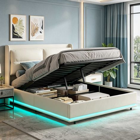 Lit coffre 140x200 cm - Lit double– Éclairage LED – Ports USB/Type‑C – Rangement – Design moderne pratique - Sommier à lattes – Velours (1/5)