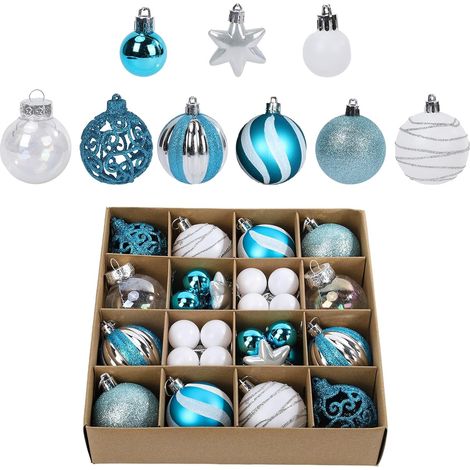 Blaue und weiße Weihnachtskugeln aus Kunststoff, 42 Stück, Christbaumschmuck mit verschiedenen Designs, Weihnachtsdekoration