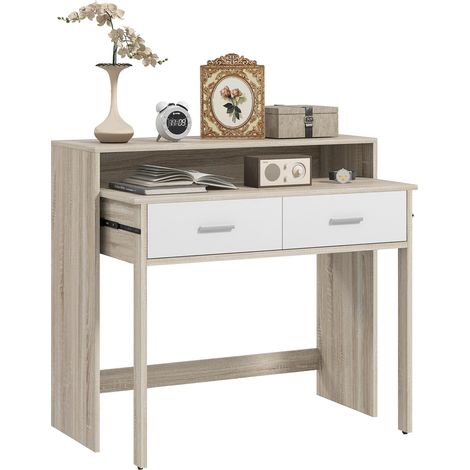 Table console avec plateau coulissant et 2 tiroirs, table de couloir avec rangement, 95l x 35P x 87H cm, aspect chêne (1/5)