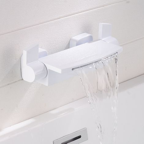 Mitigeur Baignoire Cascade Mural Robinet Baignoire Fixé Au Mur Pour Salle De Bains Robinet De Bain Avec Douche à Main Mitigeur De Bain(Porcelaine blanc A)