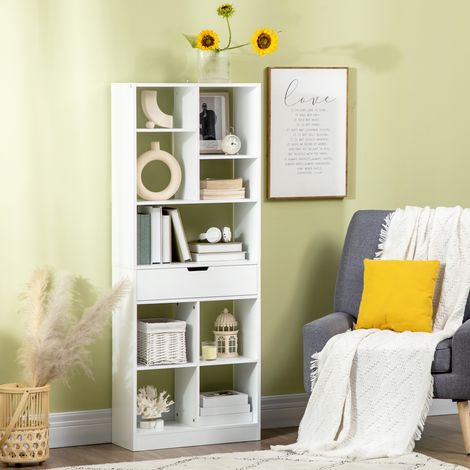 Estantería de Madera con 1 Cajón y 9 Compartimentos Mueble Librería para Salón Oficina Estudio 60x26x158cm Blanco (1/5)