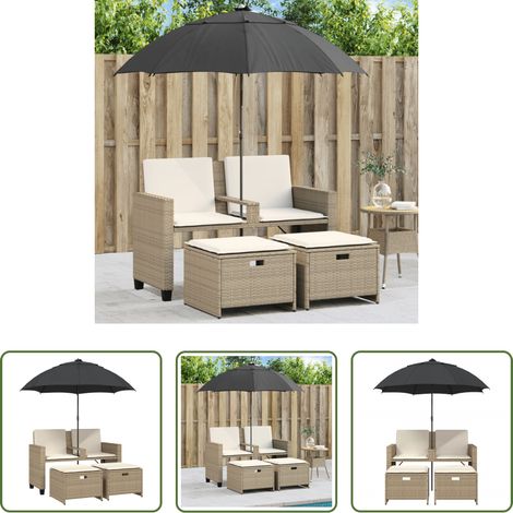 Sonnenschirm - Gartensofa 2-Sitzer Sonnenschirm und Hocker Beige Poly-Rattan (1/5)