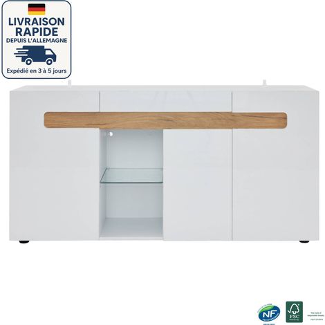 Buffet 3 portes - 140x40x70 cm - contemporain - LED avec contrôle par application - Avec étagère en verre de présentation - Bois Certifié PEFC - Blanc (1/5)