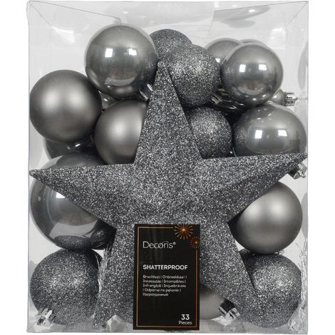 Confezione 33 palline di natale Miste Grigie 8cm con puntale a stella