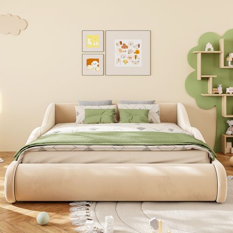 Lit enfant 140x200cm - tête rembourrée + sécurité + velours - beige (1/5)