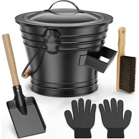 Seau à Cendres en Métal avec Couvercle pour Cheminée, 6L – Kit Complet avec Gants, Pelle et Balayette pour Feu de Camp, Charbon et Nettoyage Extérieur (Noir) (1/5)