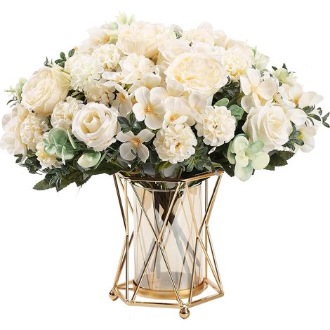 2 Bouquets Fleurs Artificielles en Soie,Pivoine Rose Artificielle Hortensia Bouquets Combinés pour Arrangement de Mariage, fête, décoration d'intérieur (Blanc) (1/5)