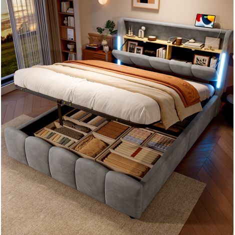Cama tapizada 140x200 cm terciopelo gris con LED, cabecero con almacenaje y canapé hidráulico (1/5)