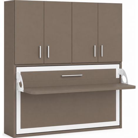 Lit escamotable horizontal bureau et armoire 4 portes SPAKO - Version renforcée – Spécial location meublée Sans matelas 34.5cm-Marron-140x190-Profondeur 34.5cm (1/5)