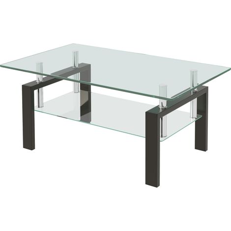 Tavolino da caffè in vetro temperato trasparente 100 x 60 x 44 cm con ripiano inferiore in metallo (1/5)