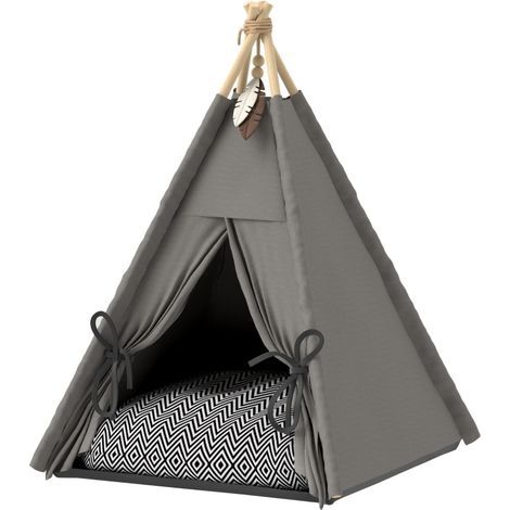 Tipi pour chat et petits chiens (jusqu’à 5 kg), tente confortable avec coussin amovible et lavable, fond antidérapant, balle de jeu incluse, dimensions : 60 x 60 x 76 cm, couleur gris (1/5)