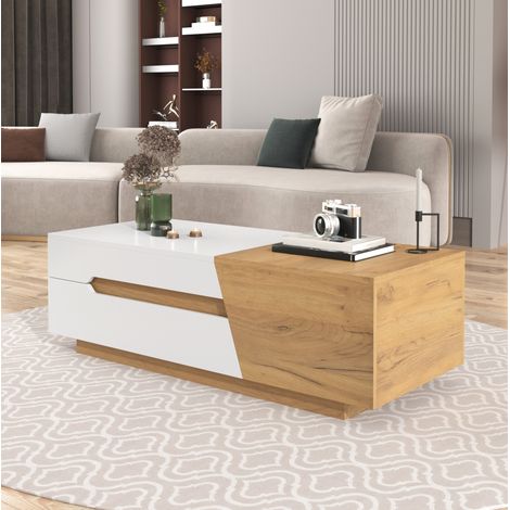 Table basse 120x50 cm blanc et bois – rangement coulissant, 2 tiroirs (1/5)