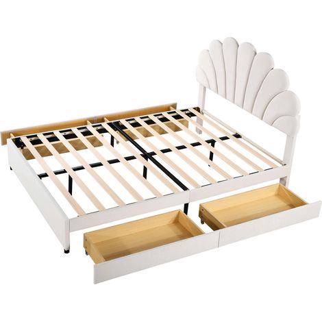 Letto con Cassetti, Letto Matrimoniale 140×200 cm con 4 Cassetti e Testiera Floreale, senza Materasso, Beige (1/5)