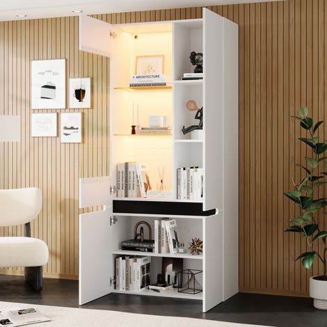 Vitrina expositora LED (80x35x180 cm), con 4 puertas, 8 compartimentos, vidrio de seguridad, MDF blanco (1/5)