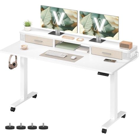 Bureau assis-debout réglable en hauteur 140 x 60 x 120 cm support pour écran finition moderne en aggloméré blanc (1/2)