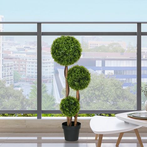 Grand buis artificiel, 110 cm, plante artificielle résistante aux UV avec 3 boules pour salon, chambre, bureau, jardin