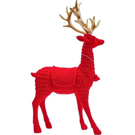 TRADE SHOP - Renna Natalizia Statuetta Decorativa Floccata 18x18x31cm Rosso Con Corna Dorate 638844 - (1/2)