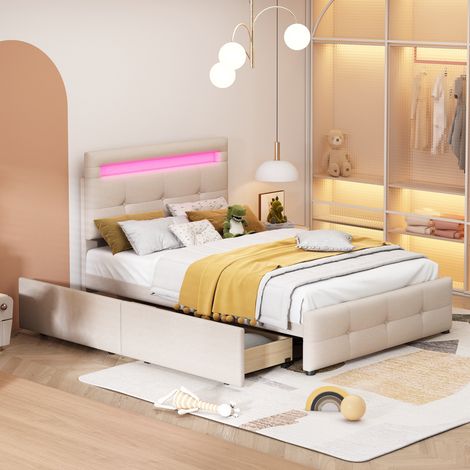 Lit avec tiroirs 90x200cm, lit simple rembourré avec 2 tiroirs et LED, sommier à lattes en bois, tête de lit réglable en hauteur, Beige blanc (1/5)