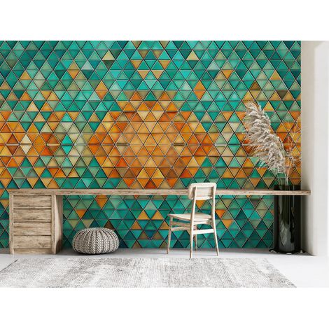 Papier peint géométrique - mosaïque de pyramides turquoise et orange - 150 x 250 cm (1/2)