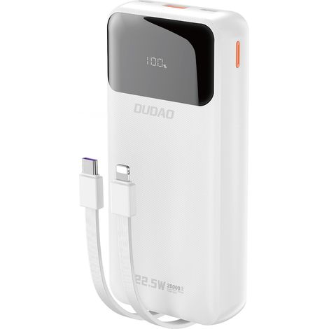 Powerbank 20000mAh 22,5W PD USB-C USB-A mit integriertem iPhone Lightning USB-C Kabel - Weiß (1/5)