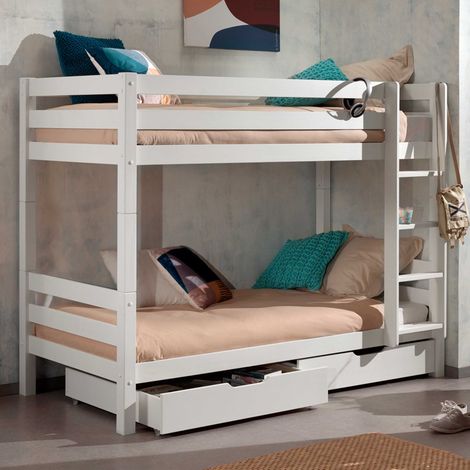 Lit superposé Claire 160cm avec deux tiroirs - blanc