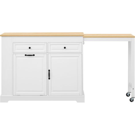 Îlot de cuisine meuble de cuisine mobile zone repas extensible compartiment poubelle tiroirs de rangement roulettes structure (1/5)