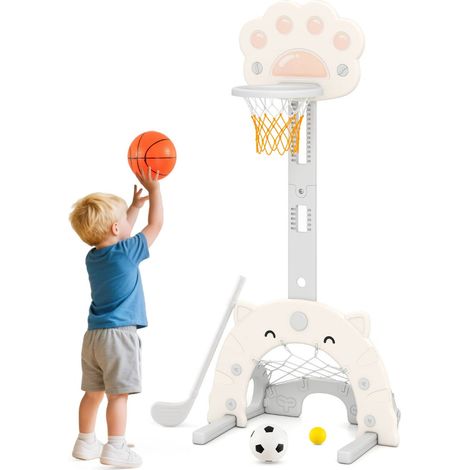 Canasta de baloncesto infantil 3 en 1 altura regulable de 64 a 125 cm con divertidos accesorios diseño moderno en gris claro 200018806
