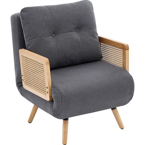Fauteuil convertible 3-en-1 avec fonction lit, dossier inclinable 5 positions, accoudoirs en rotin, gris (1/5)