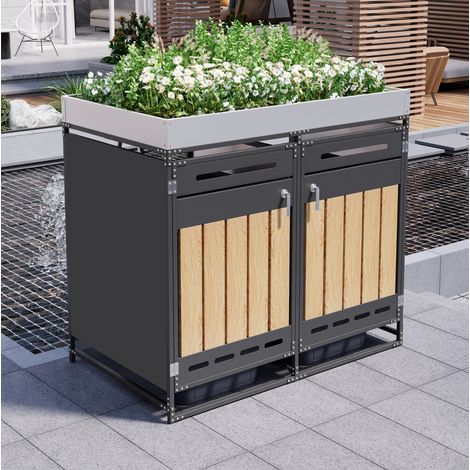 Mülltonnenbox mit Pflanzkasten für 2 Mülltonnen, 131 x 79 x 120 cm, Eisen, Schwarz HAVRYA (1/5)