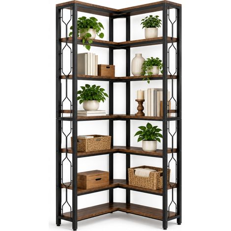 ELVMI Freistehendes Eckregal mit Metallrahmen und Seitengittern, aus Holzwerkstoff in Schwarz und Braun für Wohnräume (1/5)