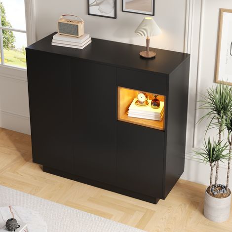Meuble à chaussures en panneaux de particules noir et naturel 105 x 39,5 x 100,5 cm avec tiroir, tablettes réglables et LED (1/5)