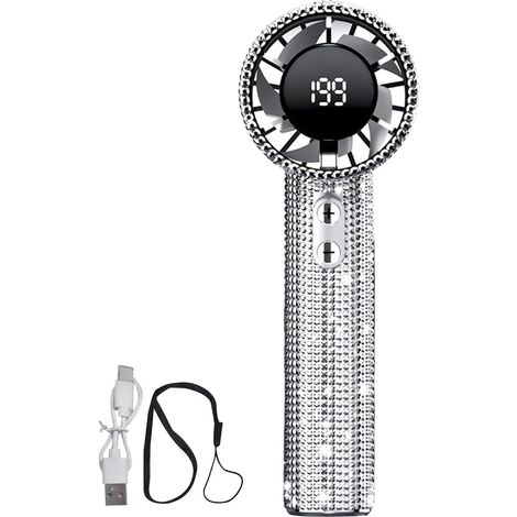JSSEVN - Ventilador portátil de mano - Dispositivo de refrigeración personal para viajes - 199 velocidades, pantalla digital, ventilador de mano con diamantes de imitación para viajes (1/5)