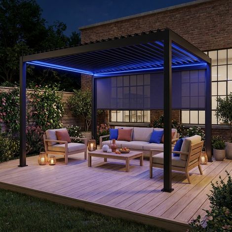 Pergola bioclimatique électrique 3x4m. aluminium. à lames orientables avec éclairage LED + store 4m (1/5)