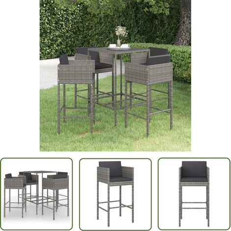 The Living Store Ensemble de bar de jardin 5 pcs et coussins Résine tressée Gris - Salon De Jardin - Mobilier De Jardin - Set De Salon De Jardin - Ensemble De Bar Extérieur - Table De Bar (1/5)