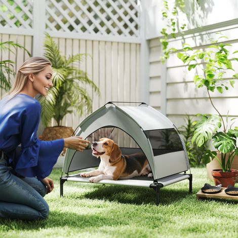 Lit pour chien extérieur avec toit, Lit pour chien surélevé pour chiens de taille moyenne, avec cadre en acier, 76x61x70 cm, gris clair (1/5)