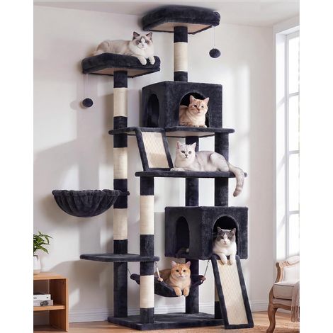 Arbre à Chat, Tour de Jeux pour Chats de 180cm, Tour à Chat Interieur avec 2 griffoirs, 7 poteaux à griffer, 2 perchoirs, 2 Lits pour Chat en Peluche, hamac, Gris foncé GCT032G (1/5)