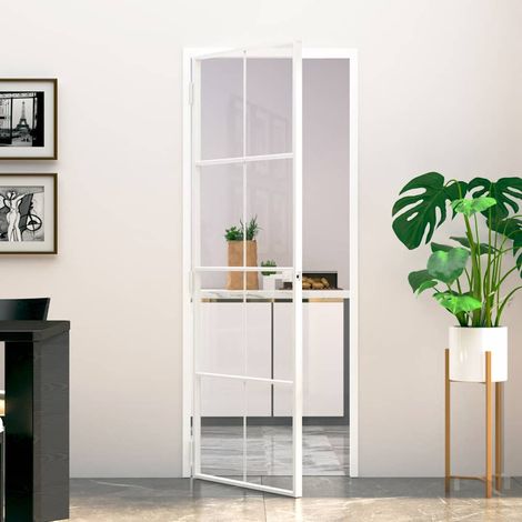 Porte intérieure blanche, 76 x 201,5 cm, verre trempé et aluminium, design fin
