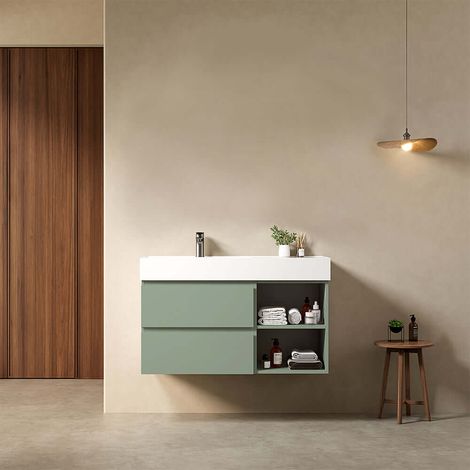 Mobile bagno sospeso 100 cm Verde Salvia Lavabo a Sinistra in Resina Senza Specchio - Fiji Paint Plus (1/4)