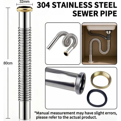 (Stainless Steel pipe)Flexible 304 Stainless Steel Sink Drain Pipe Anti-Odor Anti-Clog Universal Drain Hose Replacement Tube For Kitchen Counter (1/4)
