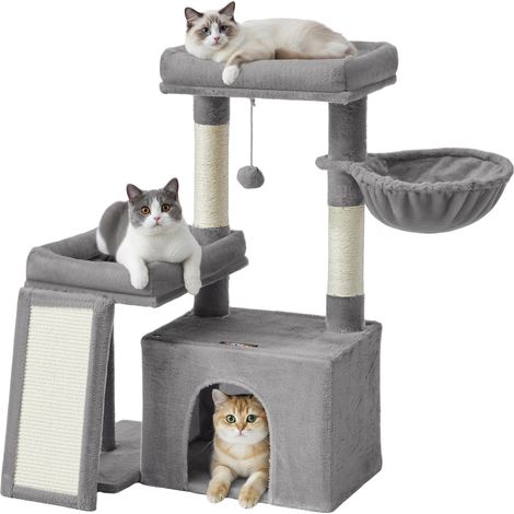 Arbre à Chat, Tour pour Chat avec Poteaux à Griffer et Rampe, 2 Grandes Plateformes, Niche, Panier, 85,8 cm de Haut, Gris Tourterelle PCT013GD01 (1/5)