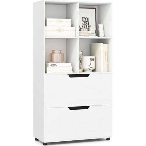 Bibliothèque blanche de 130 cm à 5 niveaux avec 4 compartiments et 2 tiroirs, kits anti-basculement pour salon, bureau et chambre (1/5)