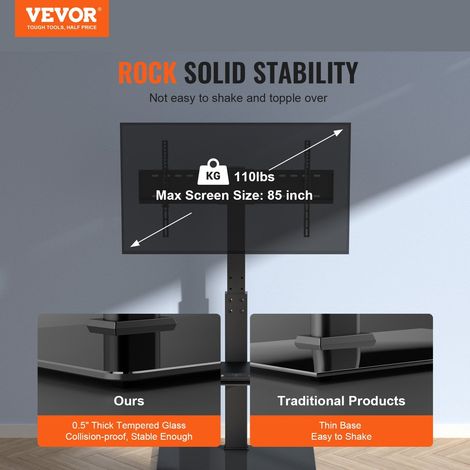Support TV sur pied pivotant, socle verre trempé, pour TV 32-85 pouces, reglable hauteur, mobile salon chambre (1/5)
